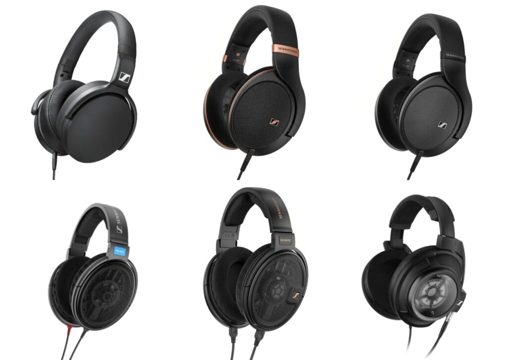 (จากซ้ายบน) Sennheiser HD 400, HD 505, HD 550, HD 600, HD 660S2, HD 820