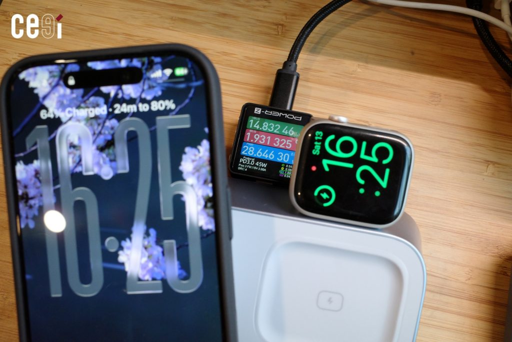 วัดกระแสไฟเข้าชาร์จได้ 28W เมื่อชาร์จ iPhone 17 Pro ที่แบต 64% และชาร์จ Apple Watch ไปพร้อมกัน